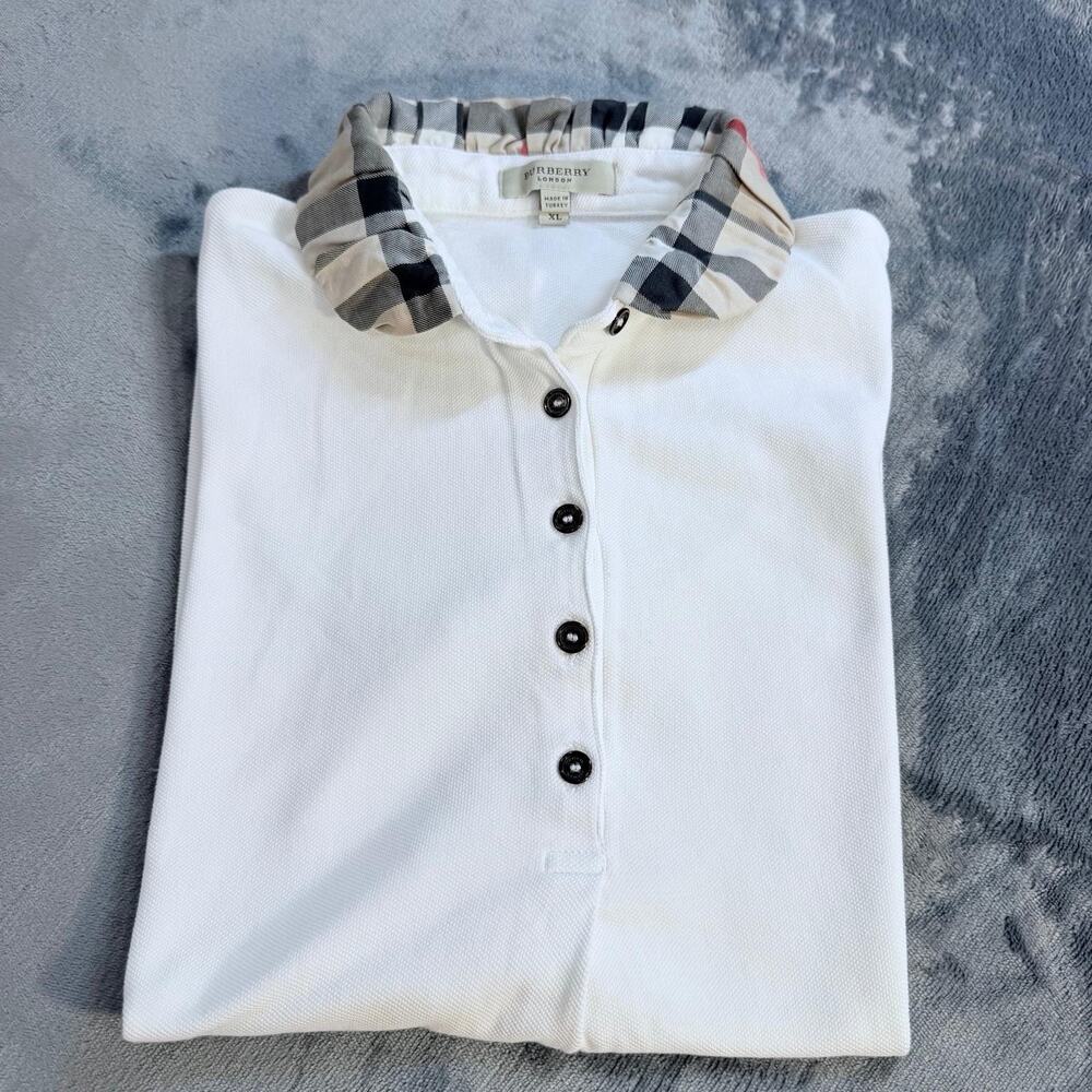 Burberry Brit Polo Shirt Women’s SZ XL White Collar Nova Check Embroidered Logo
